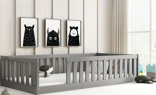 Interbeds Bodenbett Bella 90x190 grau mit Rausfallschutz & Lattenrost Kinderbett aus Holz Einzelbett Montessori Bed Gitterbett Kleinkindbett bis 120 kg Kiefer Holz massiv Junge Mädchen (grau, 190x90)