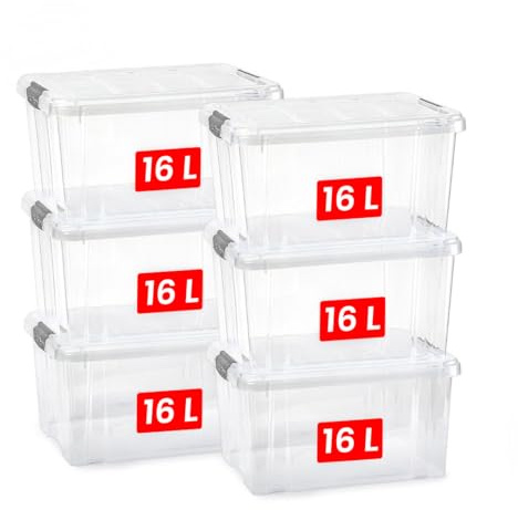 PlasticForte – Pack de Cajas de Almacenamiento con Tapa - Plástico Resistente, Apilables y Transparentes - Organizador (Plata, Pack 6, 16, Litros)
