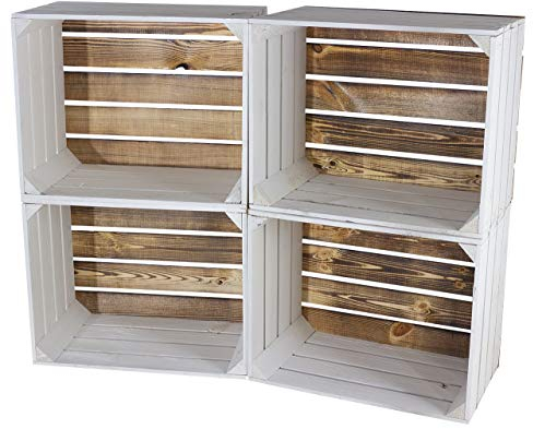 Obstkisten Online 5x VINTAGE HOLZKISTEN - neue HOLZKISTEN mit weißen Seiten und geflammten Boden, ein Hingucker zur Aufbewahrung und Deko uvm - 50x40x30 cm