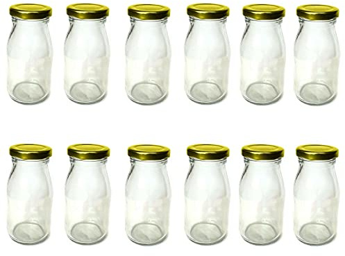 AuraHome VG ® Set of 12 Classic Mini Glass Milk Bottles with Gold lids - Funky, Retro Design - Great for Weddings, BBQ, Parties,Picnics, Events, Presentation or just taking milk to work ! 200ml