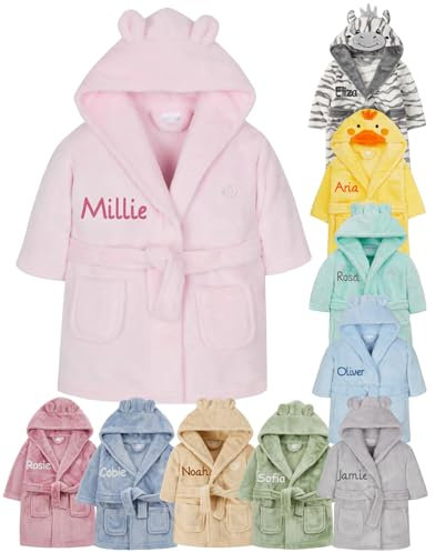 Gembroidery Personalised Baby Bathrobe Hooded Fleece Dressing Gown Super Soft Gifts Bath Robe For Boys Girls Cute Teddy Ears (6-12 Pink)
