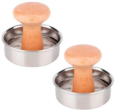2pcs Burger Patty Maker Meat Press, Stainless Steel Meat Press Mold with Wood Handle, 2 in 1 Round Tray & Press Tool, Manual Pressure Meat Pie Burger Machine, 3.1inch Mini Burger Press