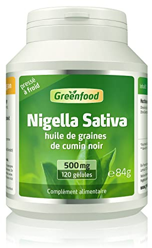 Greenfood Nigella sativa, 500 mg, dose élevée, 120 gélules - Sans additifs artificiels.