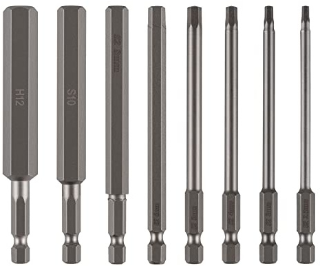 CPROSP 8 st. Magnetiska skruvmejselbitar 1/4, Inbusbit lång 100 mm, S2 hexskaft H2,5-H12, Inbusnyckel metallfärg