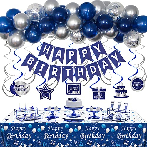 Geburtstagsdeko Mann Frauen Marineblau und Silber,Happy Birthday Girlande Ballon Große Tischdecke Happy Birthday Deko für Jungen Mädchen, 18. 30. 40. 50. 60. Geburtstag Deko
