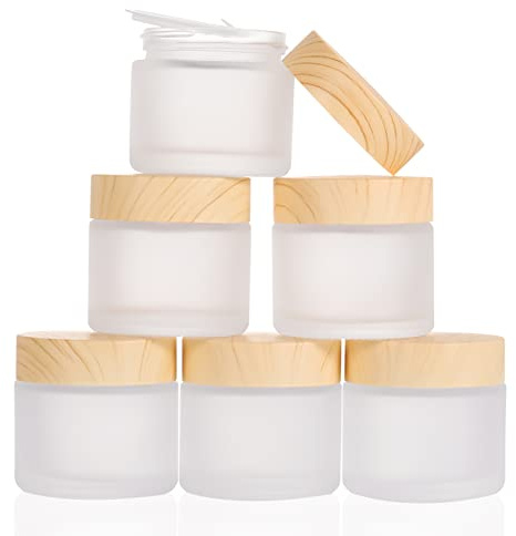Lot de 6 pots en verre vides de 60 ml - Petites boîtes avec housse en grain de bois - Pots en verre mat - Utilisés pour cosmétiques, baumes à lèvres, lotions, crèmes, échantillons