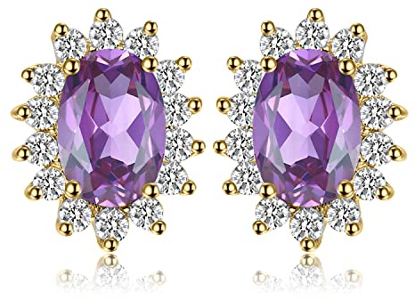 JewelryPalace Princess Diana Kate Middleton Class Gemstone Birthstone Purple Amethyst Stud Earrings for Women, 14k Yellow Gold Plated 925 Sterling Silver Earrings for Women, Earings Set