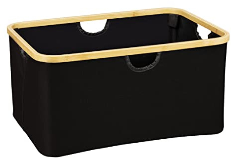 WENKO Wäschekorb Ecori, Wäschesammler faltbar 32 Liter, Rahmen aus FSC®-zertifiziertem Bambus, Textil aus recyceltem Polyester, 54 x 26 x 36, Natur/Schwarz