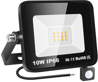 RIGIDON 10W Flood Light Outdoor Motion Sensor, Warm White Security Light | 4000K, PIR, 1000LM, Super Bright, IP66 Waterproof, Garden Wall Floodlight for Garage, Yard, Sports Ground, Patio