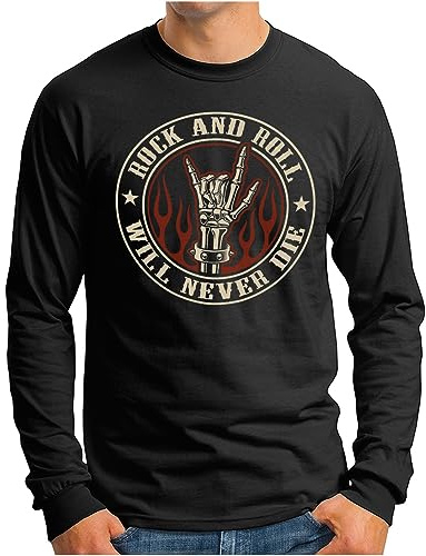OM3® Rock and Roll Musik Langarm Shirt - Herren - Vintage Devil Horns Metal Rockmusik Badge - S - 4XL