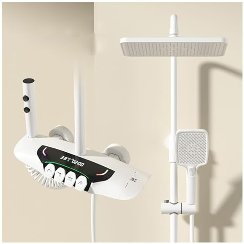 SWHC Duschsystem mit Thermostat, Klaviertasten Regendusche Duschset Weiß Wandhalterung Duscharmatur Duschstange mit Duschkopf, Handbrause, Armatur Badewanne und Bidet Sprayer