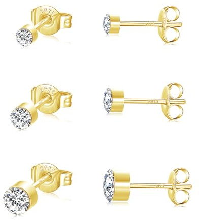 SNORSO 3 Paires Boucles d'oreilles Femme Argent 925, Hypoallergénique Petit Clous d'oreilles Zircone Cubique Diamant Rondes pour Femme Fille Homme, Argent/Or jaune, 2 3 4mm (Or-3 paires 2/3/4mm)