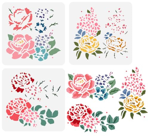 FINGERINSPIRE 3 Stück Geschichtete Blumen Malschablone 15x15 cm Wiederverwendbare Rosen Blumenmuster Zeichenvorlage Pfingstrosen Blumenpflanzen Schablone Zum Malen Auf Holz Wand Stoff Möbeln