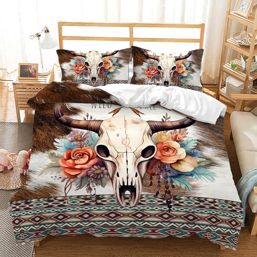 AILONEN Bull Skull Duvet Cover Set King Size, Ethnic Cow Fur Print Western Bedding Set,Hunting Comforter Cover Set 3 Pieces,Cow Skull Quilt Cover with 2 Pillowcases