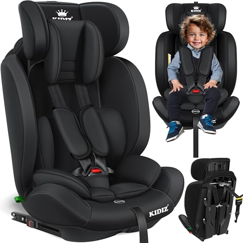 KIDIZ® Seggiolino auto per bambini con Isofix, gruppo 1 + 2 + 3, 9 – 36 kg, cintura di sicurezza a 5 punti, seggiolino auto, seggiolino auto, poggiatesta regolabile, rialzo per 1 – 12 anni, stabile e