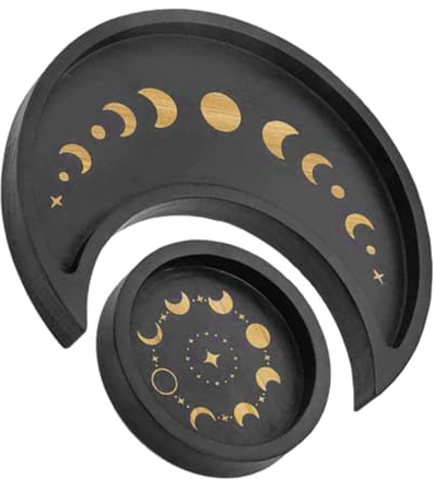 1 ensemble de plateau de lune en bois, anneau en bois, assiette de présentation de pierres précieuses, plateau de roche, plateau à bibelots, plateau de soleil et de lune, plateau de décoration spiritu