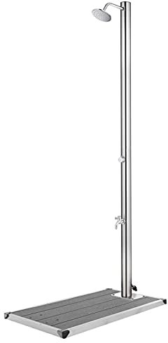 Sufrk Trädgårdsdusch med grå bas 220 cm rostfritt stål, trädgårdsdusch, utomhusdusch med ställ, idealisk för utomhusbruk, trädgårdar och pooler, semestrar eller camping
