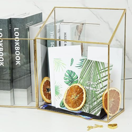 Homtone Hochzeitskarten Glasbox mit Schlitz & Schloss, 20x10x25 cm | Handgefertigtes Messing, Gold, geometrisches Terrarium, klare Displaybox für Hochzeitsempfang, Dekoration, Andenken