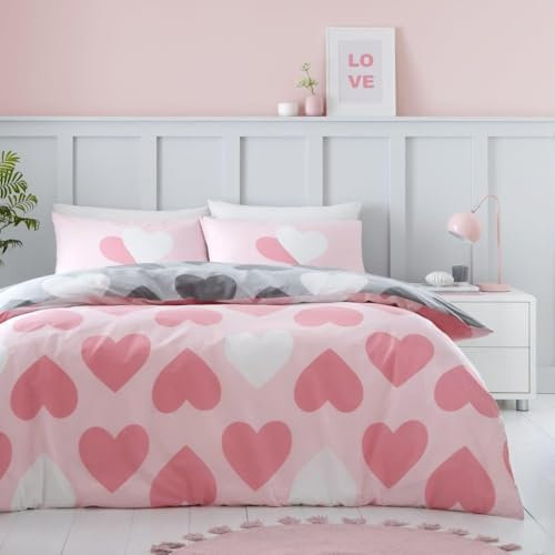 GC GAVENO CAVAILIA Heart Duvet Cover King Size Bed Set, Reversible Bedding Duvet Sets (230x220 cm), Polycotton Soft Bed Linen Quilt Cover, Charcoal