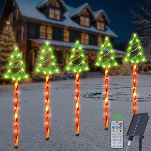 Ninonly Solar Weihnachtsbeleuchtung Aussen, 5 Stück 85 LED Weihnachtsbaum Solarlampen Weihnachtsdeko, 8 Modi Solar Weihnachts Lichter Aussen, Wasserdicht Solarleuchten Deko für Garten Rasen Hof