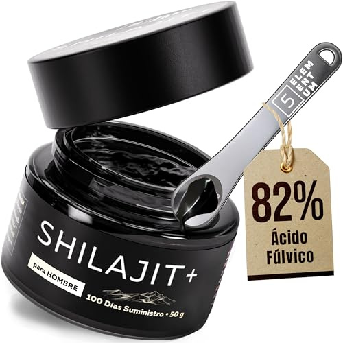 5 elementum Shilajit Original Himalaya pour Hommes – Résine de Shilajit Pure 50g (Mumio) avec 82 % d’Acide Fulvique | Mumijo Naturel Himalayen Hautement Dosé | Pot en Verre + Cuillère Doseuse 500 mg