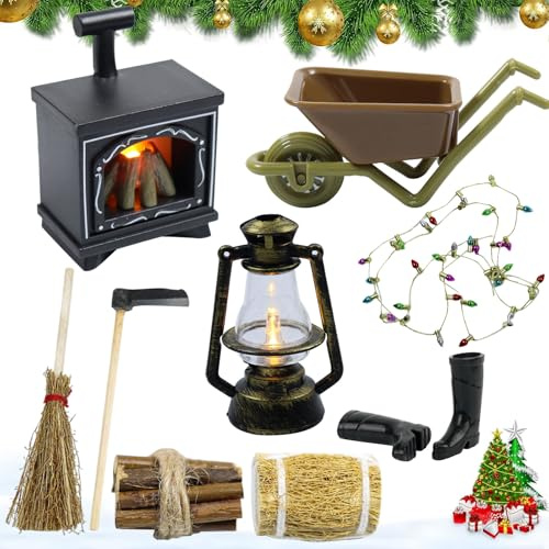 Wichtel Zubehör Set,Miniatur Puppenhaus Zubehör Weihnachten Puppenhaus Kamin mit Licht Wichtel Zubehör Weihnachten Deko puppenhaus Kamin Miniatur Wichtel Set für Weihnachtsdekoration DIY Deko