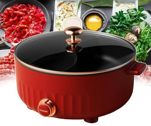 Faitout électrique divisé avec 3 vitesses, cuisinière électrique antiadhésive avec séparateur et couvercle en verre trempé, capacité de 6 L, facile à nettoyer, 1350 W multi-usage