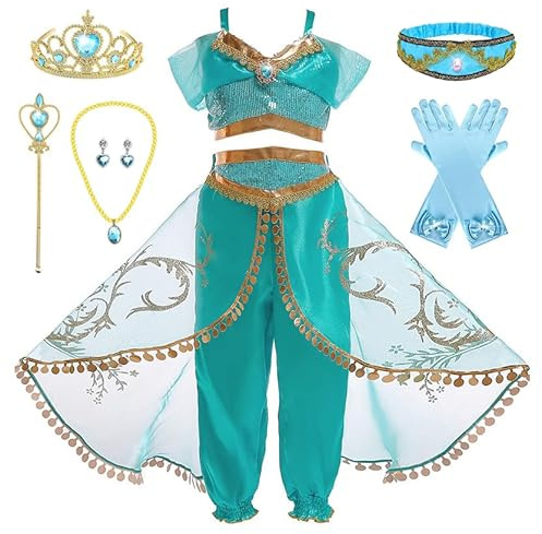 Monissy Mädchen Kleid Prinzessin Jasmine Kostüm für Kinder Aladdin Oberteil + Hose Stirnband Zauberstab Verkleidung Weihnachten Karneval Geburtstag Fest Prinzessinnenkleid,Grün 2,140