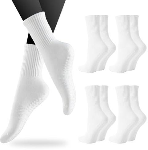 MOSTFUN 5 Pairs Non Slip Grip Socks With Grips for Women & Men - White Long Socks for Ballet, Dance, Workout, Pilates, Fitness, Running, Barre