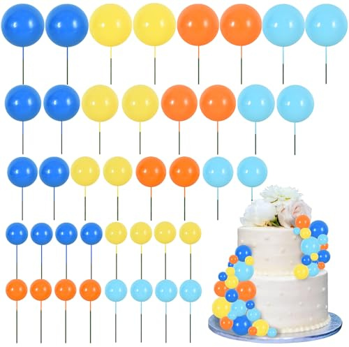 RIBBOOO 40 Pcs Ball Cake Toppers Insert Balls Cake Decorations Foam Balls Cake Toppers DIY Cake Ornament for Birthday Baking Baby Shower Anniversary and Wedding Party (Yellow Blue Orange)