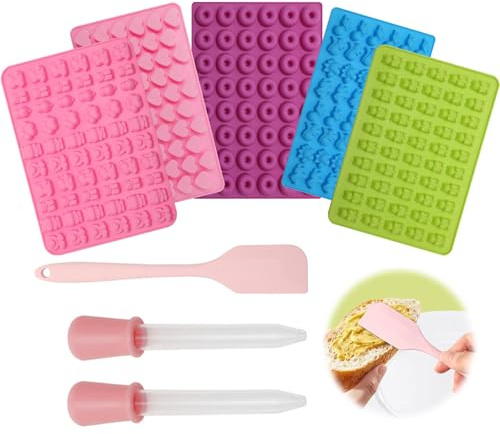 Bakmatta i silikon för hundkex, miniform, 5 stycken, non-stick bakmattor för gör-det-själv hundgodis med skrapa och 2 droppar, hjärta/björn/munkformar för choklad, kex, gelé och isbitar