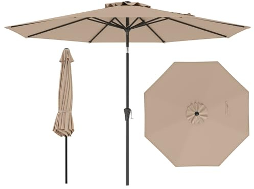 COSTWAY Sombrilla Terraza Exterior 270 cm, Sombrilla de Patio Resistente con 35°de Inclinación, Manivela, 8 Varillas Robustas, Toldo Ventilado, Parasol para Jardín Playa Piscina (300 cm,Café)