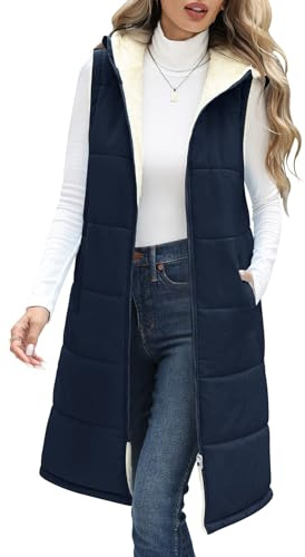 Vancavoo Chaleco Acolchado Mujer con Capucha Chaqueta sin Mangas Abrigo Plumas Largo Invierno Cálidos Chaleco de Forro Polar Outwear,Azul marino,XL