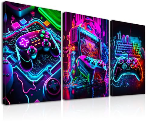 Dazzlewall 3Pcs Gerahmte Neon Gaming Wandkunst Controller Gamepad Bilder, Videospiel Wall Art Poster für Teenager Jungen Zimmer Schlafsaal Spielzimmer Dekor 12x16 zoll