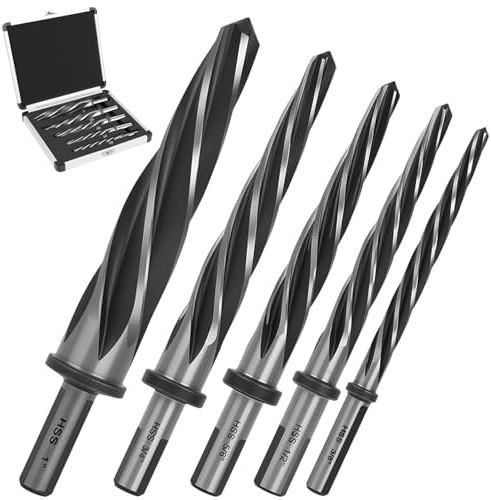 5 Piece M2 HSS Taper Chucking Reamer Set, 1, 3/4, 5/8, 1/2, 3/8, Fit 1/2 3-Flat Round Shank Bridge/Construction Reamer Drill Bits, Reamer Bit Set for Steel, Metal, Wood, Alloy