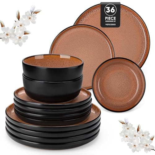 vancasso Amber 36 Pieces Dinner Set for 12, Reactive Glaze Stoneware Plates and Bowls Set, Red Crockery Set with Dinner Plates, Dessert Plates & Cereal Bowls, Microwave & Dishwasher Safe