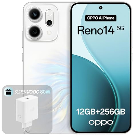 OPPO Reno14 5G 12+256GB, Smartphone Android liberado con IA, Pantalla 6,59 120Hz AMOLED, Cámara AI 50+50MP, Batería 6000mAh, Resistencia al Agua IP69, Opal White (Incluye Cargador 80W SUPERVOOC)