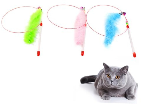 DINHEAROM 3 Stück Teiliges Katzenspielzeug mit Bunten Federn Metall draht und Rutschfestem Kunststoffgriff Interaktiver Katzenangel Stick für Aktives und Krallenpflege Zufällige Farbe