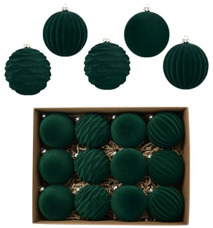 12 Pack Green Flocked Velvet Christmas Baubles, Festive Tree Decorations Set,Tree Decorations Set,Eco-Friendly Velvet Texture Holiday Balls for Mantelpiece & Gift Topping