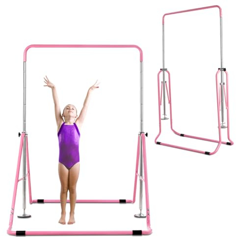 COSTWAY Barre de Gymnastique Extensible, Barre d'Entraînement Horizontale pour Enfants, Pliable avec Structure Triangulaire Réglable en Hauteur 90-137 cm, Équipement de Gym Charge 68 kg (Rose)