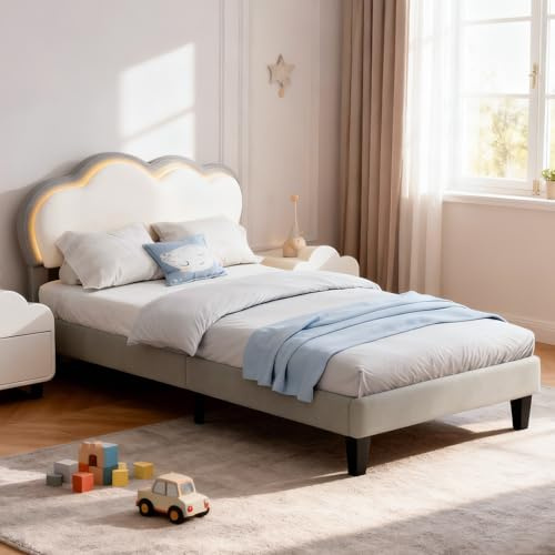 Artswish Kinderbett Polsterbett 90x200 cm mit RGB-LED-Beleuchtung und Höhenverstellbar Wolken-Kopfteil, Samt, Grau-Weiß (ohne Matratze)