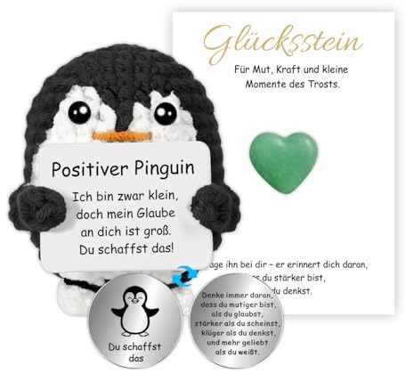 Glamifyr Positive Pinguin Geschenk,Penguin Kuscheltier,Kreative Strickwolle Positiver Pinguin,Pocket Hug Pinguine,Emotional Support Kuscheltier,mit Glücksbringer,Grün Herz-Glücksstein,Nachrichtkarte