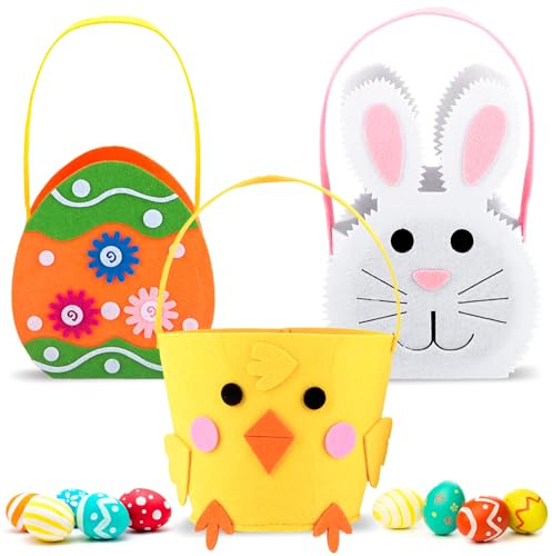 dellyy Cesta Pascua para Niños, 3 Unids Cesta de Pascua de Fieltro, Canastas de Pascua con Asas, Easter Baskets de Fieltro, para Rellenar Huevos, Caramelos, Regalos