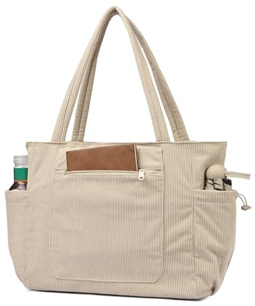 ibalulu Cord Tasche Damen, Groß Shopper Tasche, 15.6 Zoll Tote Bag Laptoptasche, Strandtasche mit Reißverschluss, Handtasche Arbeitstasche Umhängetasche Schultasche für Schule Gym Reisen (Beige)