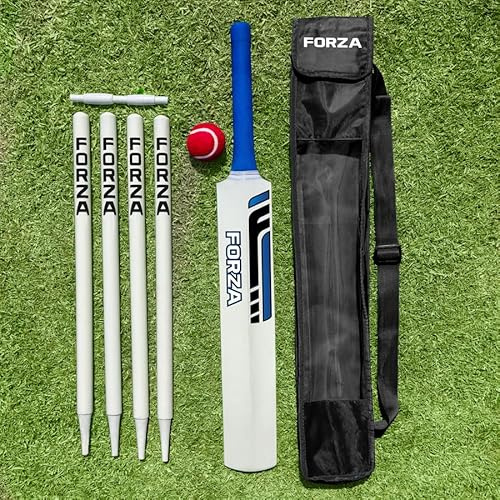 FORZA Juego de críquet de madera – Bate de críquet de sauce de Cachemira y pelota de tenis, kit completo de críquet de jardín junior con tocones, fianzas y bolsa de transporte resistente, juego de
