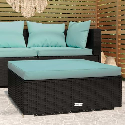 mtlskopl Garten-Fußhocker Schwarz 70x70x30 cm Poly Rattan Ottoman mit Meeresblauem Sitzkissen, Modular Outdoor Lounge für Balkon, Terrasse und Wintergarten