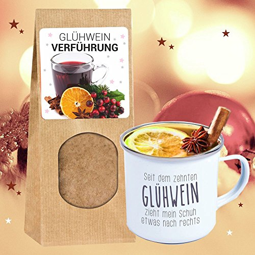 4youDesign SET Metalltasse Emaille Look -Seit dem 10 Glühwein zieht mein Schuh etwas nach rechts- + Glühwein-Verführung GEWÜRZMIX Geschenk WEIHNACHTEN