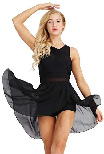 CHICTRY Lyrical Women's Dance Dress Illusion V-Neck Chiffon Asymmetric Skirted Leotard Modern Contemporary Dresses Black S