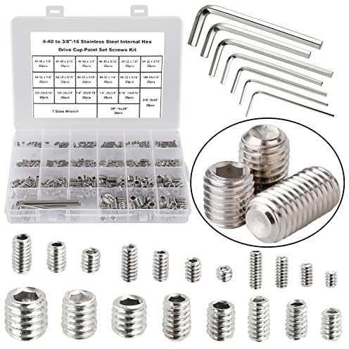 HanTof 380Pcs 19 Sizes #4-40 to 3/8-16 UNC Standard SAE Hex Socket Cup Point Set Screws, Allen Head Grub Screws, Internal Hex Drive Headless Screws Assortment with 7pcs Hex Keys, 304 Stainless Steel