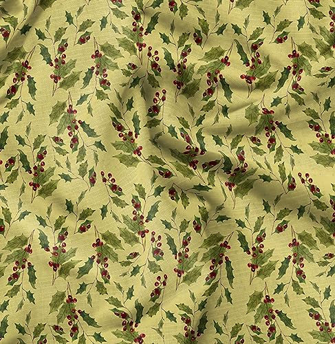 Soimoi Gelb Kunstseide Stoff rote Beeren und Stechpalme Blatter gedruckt Craft Fabric 1 Meter 42 Zoll breit